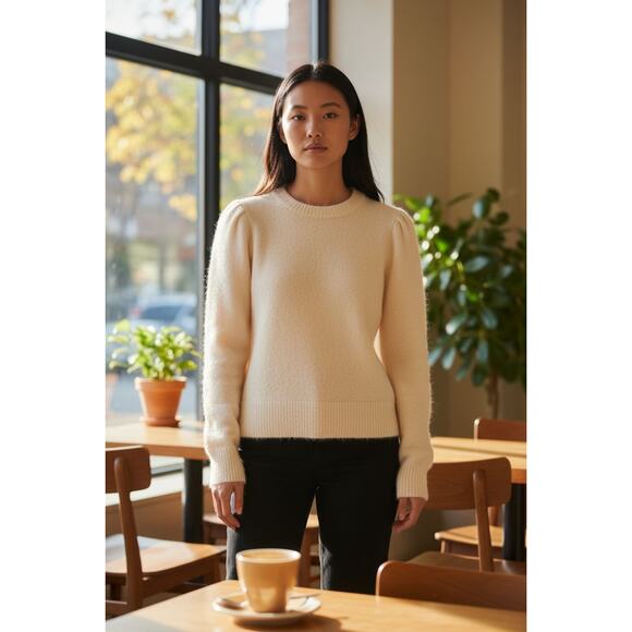 J Crew Women Puff Sleeve Fuzzy Crew Neck Sweater Supersoft Alpaca Wool Blend M - Picture 1 of 6